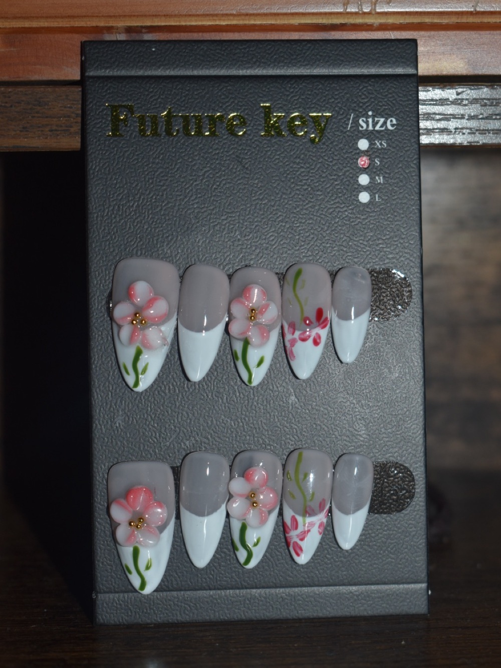 Pink 3D Floral French Tip Press-On Nails Hand Painted Size Small 2.5 Length
